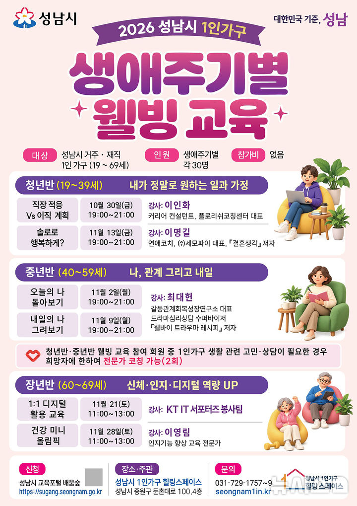 [성남=뉴시스] 경기 성남시 1인 가구 생애주기별 웰빙 교육 청년 중년 장년반 일정 안내문. (사진=성남시 제공) 2026.10.21. photo@newsis.com