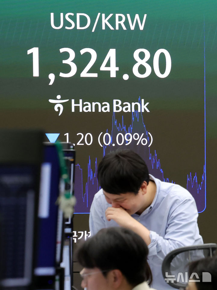 [서울=뉴시스] 홍효식 기자 = 반도체 수출 호조에 원화 강세가 이어지면서 원·달러 환율이 4거래일 연속 연저점을 경신했다. 21일 오후 서울 중구 하나은행 딜링룸 전광판에 원달러 환율 지수가 표시되고 있다. 이날 서울외환시장에서 원·달러 환율은 전거래일 주간 거래 종가(3시 30분 기준)보다 2.9원 내린 1325.2원을 기록했다. 2026.10.21. yesphoto@newsis.com