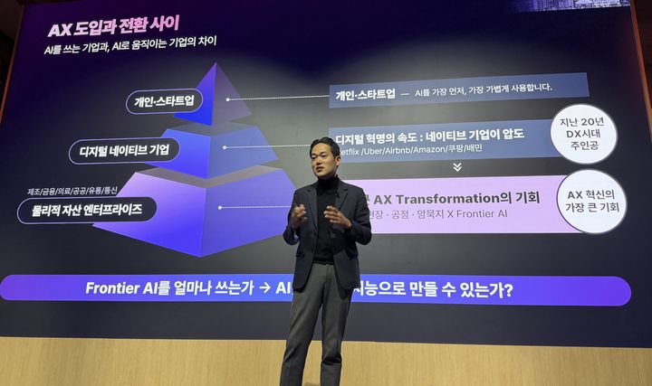 [서울=뉴시스]진요한 LG CNS AI센터장(상무)이 22일 서울 강남구에서 열린 '오픈AI 데브데이 익스체인지: 서울'에서 발표를 진행하고 있다. (사진=LG CNS 제공)