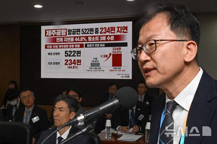 [인천=뉴시스] 공항사진기자단 = 정채교 국토교통부 항공정책실장이 22일 오전 인천 영종구 인천국제공항공사에서 열린 국회 국토교통위원회의 인천국제공항공사, 한국공항공사 등에 대한 국정감사에 출석해 의원 질의에 답변하고 있다. 2026.10.22. photo@newsis.com