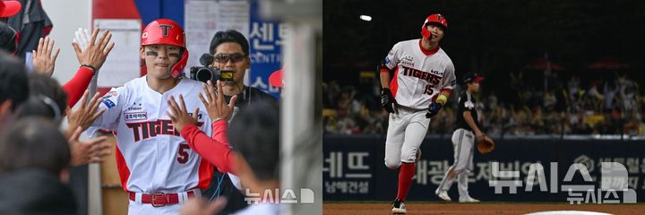 [전남광주=뉴시스]전남광주통합특별시 동구는 KIA 타이거즈 김도영·박재현 선수가 최근 전남광주 동구에 조성된 유기견 입양센터 '피스멍멍'에 보호견을 위한 물품을 후원했다고 23일 밝혔다. 사진은 왼쪽부터 김도영 선수와 박재현 선수. (사진 = 뉴시스 DB) 2026.10.23. photo@newsis.com