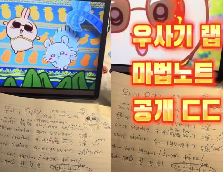 [서울=뉴시스] 한 누리꾼이 SNS에 공개한 ‘우사기 랩 비법 마법노트’. 랩의 발음과 박자, 억양을 손글씨로 정리했다. (사진출처: SNS 캡처)2026.10.23.