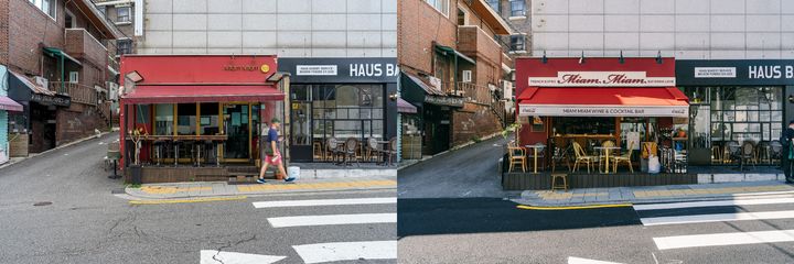 [서울=뉴시스] 서울 용산구 해방촌 '미암미암' 매장의 '코카콜라X해방촌' 협업 전(왼쪽)과 후의 모습. (사진=코카콜라 제공) *재판매 및 DB 금지