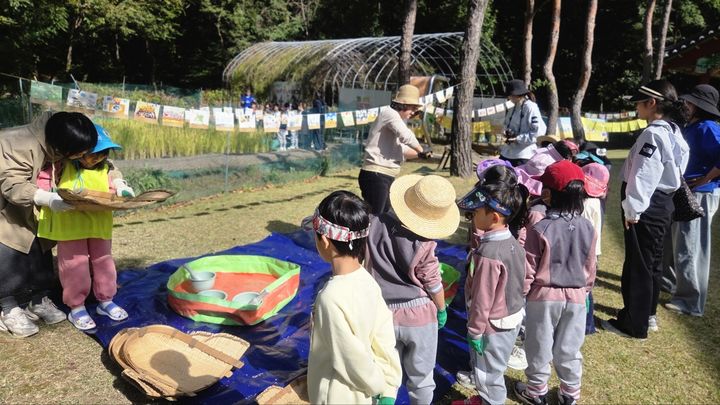 [화성=뉴시스] 화성시 '논 산책 프로그램'에 참여한 어린이들이 전통 농기구인 키를 이용해 곡식을 고르는 체험을 하고 있다. (사진=화성시 제공) 2026.10.23. photo@newsis.com *재판매 및 DB 금지
