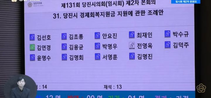 [당진=뉴시스] 당진시의회 1인당 30만원의 경제회복지원금 지급 조례안 전자투표 결과. (사진=유튜브 당진시의회 실시간 방송 갈무리) 2026.10.23. photo@newsis.com *재판매 및 DB 금지