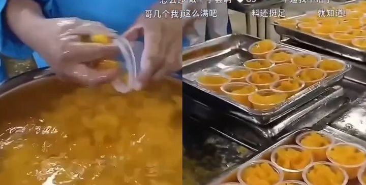[서울=뉴시스] 중국의 한 식품 가공공장에서 직원들이 황도 과육을 맨손으로 포장하는 모습이 공개돼 위생 논란이 일고 있다. (사진=스레드 캡처)