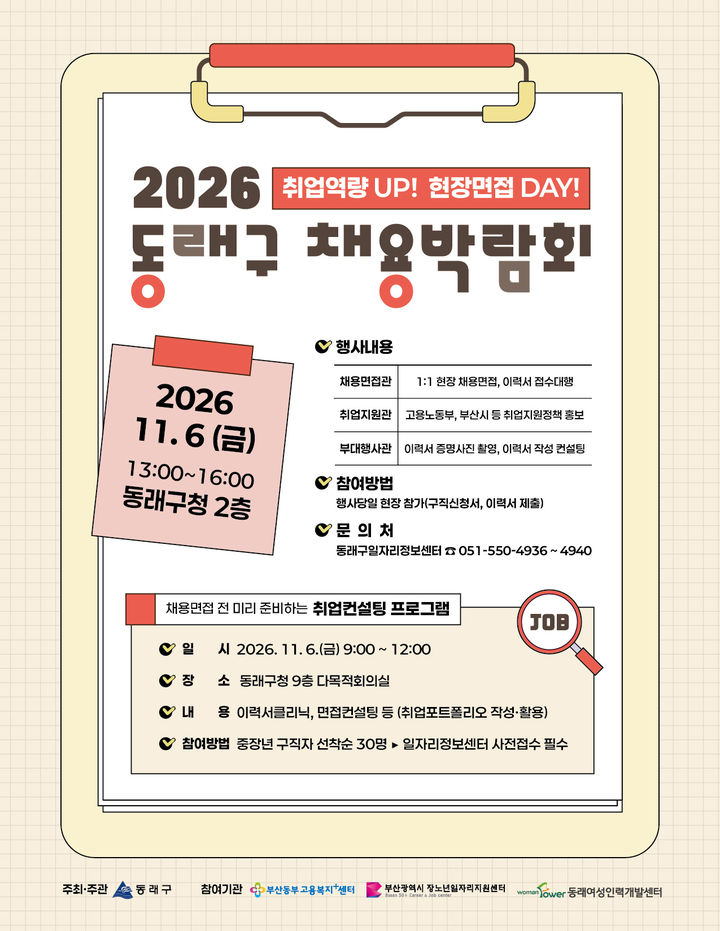 [부산=뉴시스]부산 동래구는 구직자에게 다양한 고용 정보와 취업 기회를 제공하고 기업의 구인난을 해소하기 위해 '2026년 동래구 채용박람회'를 오는 11월6일 개최한다. (사진=동래구 제공) 2026.10.26. photo@newsis.com *재판매 및 DB 금지