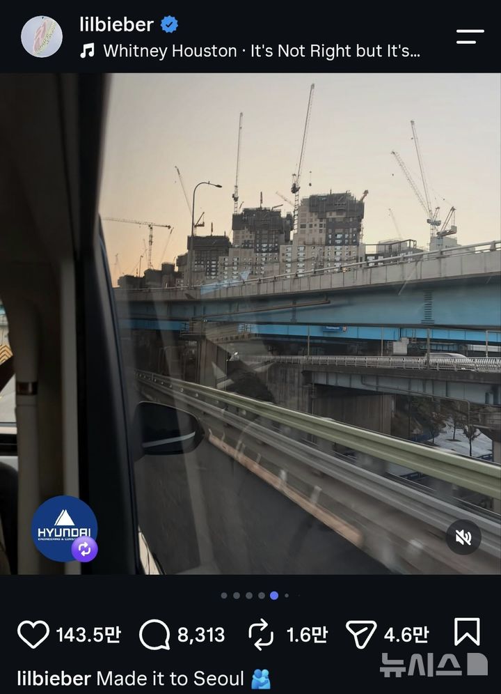 [서울=뉴시스] 팝스타 저스틴 비버가 자신의 SNS에 올린 사진 속 포착된 '디에이치 반포124' 공사현장 모습. (사진= 저스틴 비버 인스타그램 캡쳐) photo@newsis.com