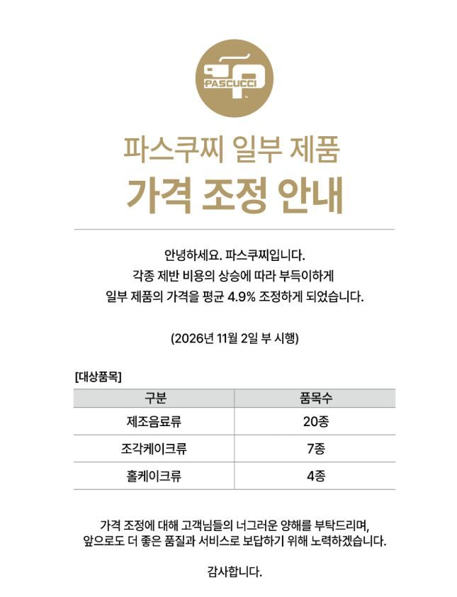 [서울=뉴시스] 파스쿠찌 가격 인상 공지 (사진=파스쿠찌 홈페이지 캡처) *재판매 및 DB 금지