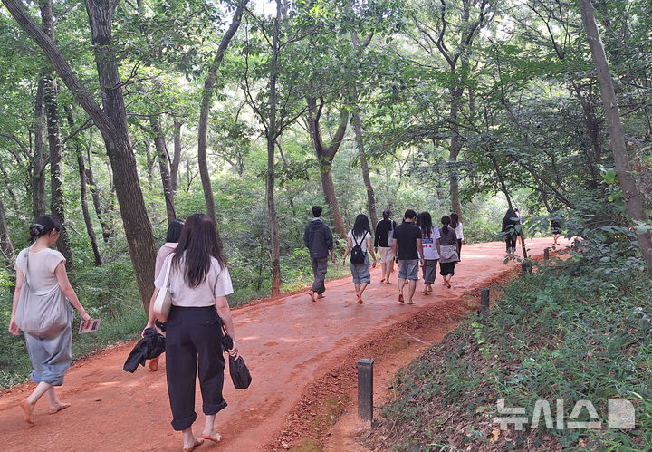 [영광=뉴시스] 영광군 물무산 행복숲에 조성된 2㎞ 맨발 황톳길을 따라 도시민들이 걷고 있다. (사진=영광군 제공) photo@newsis.com *재판매 및 DB 금지