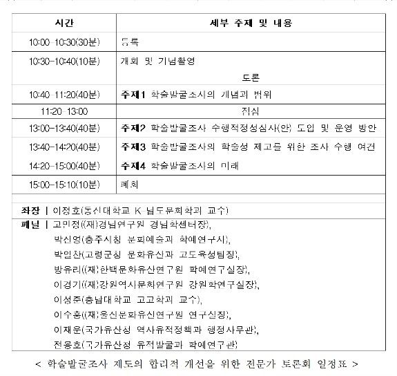[서울=뉴시스] 전문가 토론회 '학술발굴조사 제도의 합리적 개선 방안' 일정표 (사진=국가유산청 제공) 2026.10.27. photo@newsis.com *재판매 및 DB 금지