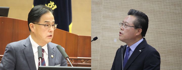 [천안=뉴시스] (왼쪽) 장혁 천안시의원이 27일 제293회 제1차 정례회 제6차 본회의 시정질문에서 장기수 천안시장(오른쪽)을 상대로 질의를 하고 있다. 2026.10.27 ymchoi@newsis.com *재판매 및 DB 금지