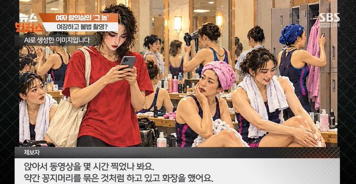 [서울=뉴시스] 여장을 한 남성이 스포츠센터 여성 탈의실에서 여성들을 불법 촬영하다 회원에게 발각돼 경찰에 붙잡혔다. (사진=SBS '뉴스헌터스' 캡처)