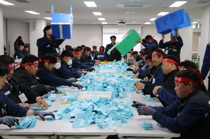 [울산=뉴시스] HD현대중공업 노동조합이 27일 올해 임단협 2차 잠정합의안을 놓고 조합원 찬반투표를 실시한 가운데 이날 오후 울산 본사에서 개표작업이 진행되고 있다. (사진=HD현대중공업 노동조합 제공) 2026.10.27. photo@newsis.com *재판매 및 DB 금지