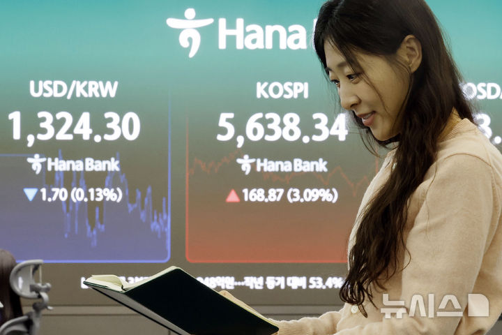 [서울=뉴시스] 최동준 기자 = 코스피가 전 거래일보다 168.87포인트(3.09%) 오른 5,638.34로 장을 마친 27일 서울 중구 하나은행 딜링룸에서 딜러들이 업무를 보고 있다. 2026.10.27. photocdj@newsis.com