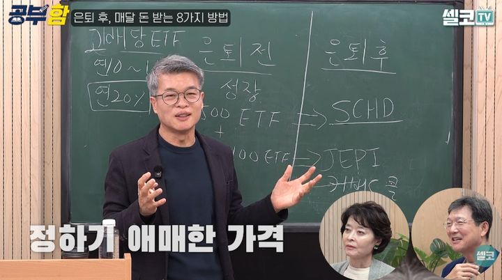 [서울=뉴시스] 여운봉 KDB생명 파이낸셜아트연구 소장은 "국민연금과 주택연금을 노후 소득의 기본 축이 돼야 한다"고 말하며 은퇴 전과 후의 주식 투자 종목을 나누어서 설명했다. (사진=유튜브 채널 '셀코TV / 잘 먹고 잘 사는 방법' 화면 캡쳐) 2026.10.28. 