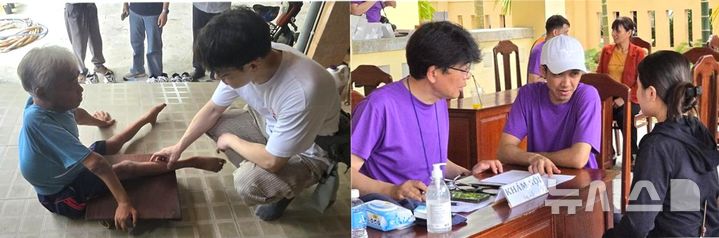 [포항=뉴시스] 18~23일 포항세명기독병원 직원들이 베트남 다낭·후에시에서 의료 봉사를 했다. 사진은 이민호 상지관절센터 과장이 고엽제 피해를 입은 환자를 진료하는 모습(왼쪽)과 이재욱 소화기센터 부장이 환자를 진료하는 모습. (사진=포항세명기독병원 제공) 2026.10.28. photo@newsis.com