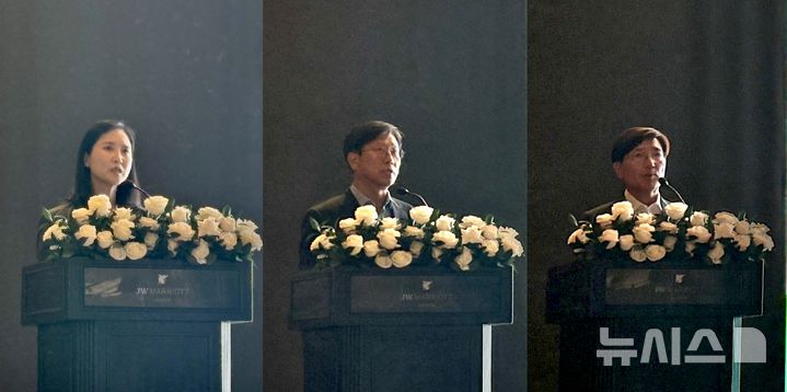 [호찌민=뉴시스] 권민지 기자 =28일 베트남 호찌민에서 열린 한세예스24그룹 '2026 글로벌 기업설명회(IR)'에서 최세라 예스24 대표(왼쪽), 이욱상 동아출판 대표, 성낙곤 한세모빌리티 사장(오른쪽)이 발표하고 있다. 2026.10.28. ming@newsis.com
