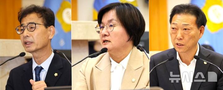 [포항=뉴시스] 28일 포항시의회 제334회 제1차 정례회 제2차 본회의에서 '제10대 포항시의회 첫 시정 질문'이 열린 가운데 이민규(왼쪽부터)·김은주·김영헌 의원이 시정 질문하고 있다. (사진=포항시의회 제공) 2026.10.28. photo@newsis.com