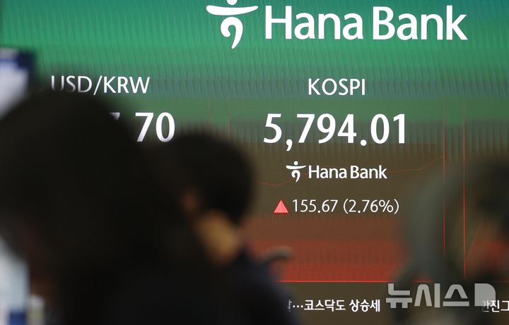 [서울=뉴시스] 김명년 기자 = 코스피가 전 거래일보다 2.23% 오른 5763.85에 개장한 28일 오전 서울 중구 하나은행 딜링룸에서 딜러들이 업무를 보고 있다. 코스닥 지수는 전 거래일보다 13.07포인트(1.76%) 상승한 756.90에 거래를 시작했다. 2026.10.28. kmn@newsis.com