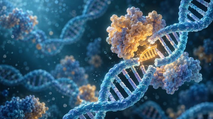 [울산=뉴시스] 유전자 가위로 DNA 한 가닥의 짧은 구간을 잘라내고, 손상이 포함된 합성 DNA 조각(노란색) 으로 교체하는 과정을 표현한 생성형 AI 제작 이미지 (사진=UNIST 제공) photo@newsis.com *재판매 및 DB 금지