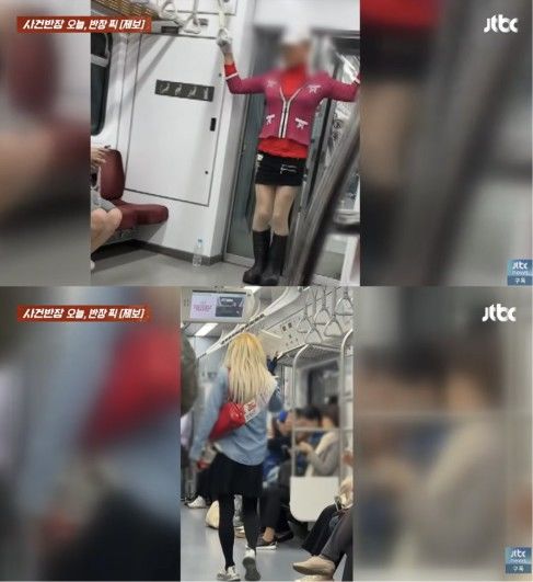 [서울=뉴시스] 서울 지하철에서 여성복 차림으로 열차 안을 돌아다니는 남성이 포착됐다. (사진 출처=JTBC '사건반장' 캡처)