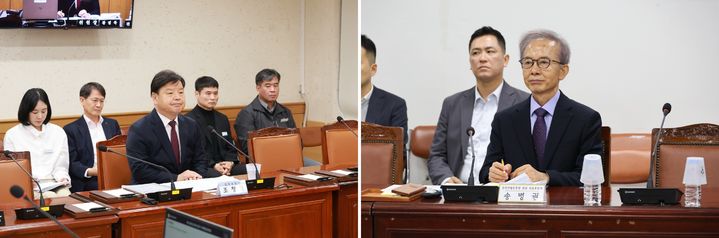 [창원=뉴시스] 강경국 기자 = 28일 경남 창원시의회에서 진행된 인사청문회에서 조청래 창원시설공단 이사장 임용후보자(왼쪽)와 송병권 창원산업진흥원장 임용후보자가 의원들의 질의를 듣고 있다. (사진=창원시의회 제공). 2026.10.29. photo@newsis.com *재판매 및 DB 금지