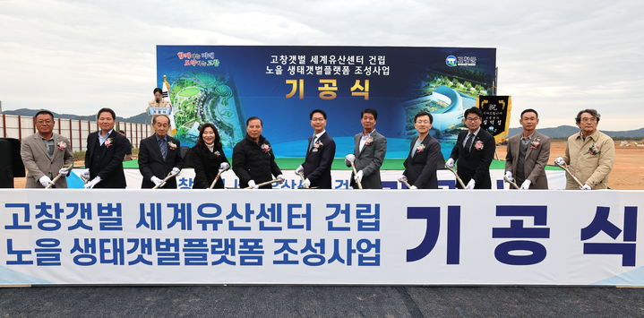 [고창=뉴시스] 29일 고창군 심원면 만돌리 고창종합테마파크 조성 부지에서 열린 '고창갯벌 세계유산센터 건립 및 노을 생태갯벌플랫폼 조성사업 기공식', 심덕섭 군수와 박성만 군의장 등 참석자들이 시삽을 하고 있다. *재판매 및 DB 금지