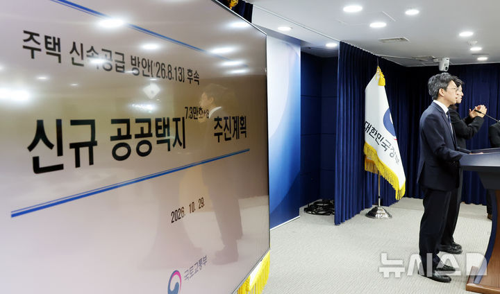 [서울=뉴시스] 박영태 기자 = 홍지선 국토교통부 장관이 29일 오전 서울 종로구 정부서울청사에서 주택 신속공급 방안 후속의 신규 공공택지 추진계획을 발표하고 있다. 2026.10.29. since1999@newsis.com