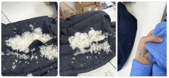 [서울=뉴시스] 지하철 5호선에서 누군가 옷을 훼손한 것 같다는 사연과 함께 올라온 사진. 검은색 패딩 곳곳이 찢어져 흰색 충전재가 밖으로 쏟아져 나와 있고, 안에 입은 파란색 니트에도 구멍이 나 있다. (사진출처: 스레드 캡처)2026.10.30.