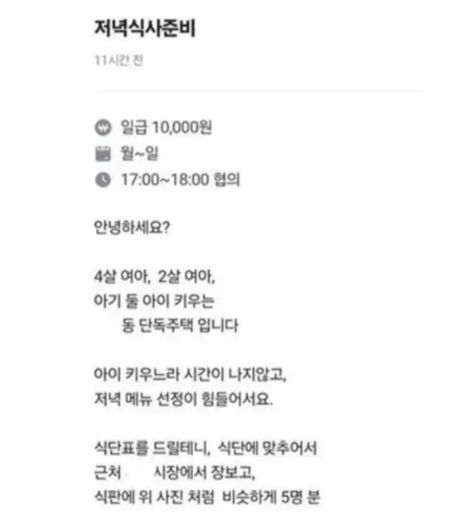 [서울=뉴시스] 다른 구인글은 4세와 2세 아이를 둔 가정에서 저녁 식사를 준비할 사람을 찾는 내용이었다. (사진=커뮤니티 캡쳐) 2026.10.30. 