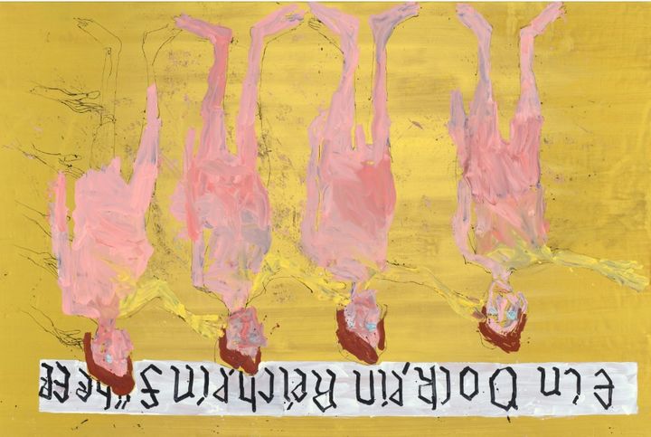 Georg Baselitz Meine Schule, die Jungs (My School, the Boys), 2026 Oil and gold oil paint on canvas 118 1/8 x 177 1/4 inches (300 x 450 cm) © Georg Baselitz 2026 Photo: Ulrich Ghezzi Courtesy the artist and Gagosian *재판매 및 DB 금지