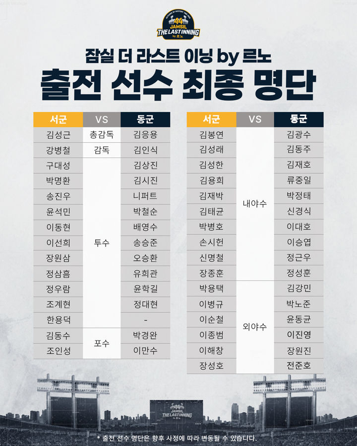 [서울=뉴시스] 잠실 더 라스트 이닝 by 르노 참가 명단. (사진=일구회 제공) 2026.10.30. *재판매 및 DB 금지