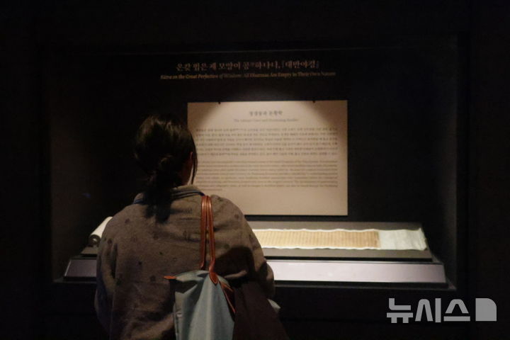 [서울=뉴시스] 한이재 기자 = 28일 한 관람객이 서울 용산구 국립중앙박물관 상설전시관 3층 세계문화관 중앙아시아실에서 특별 공개 중인 사경을 보고 있다. 2026.10.30. nowone@newsis.com